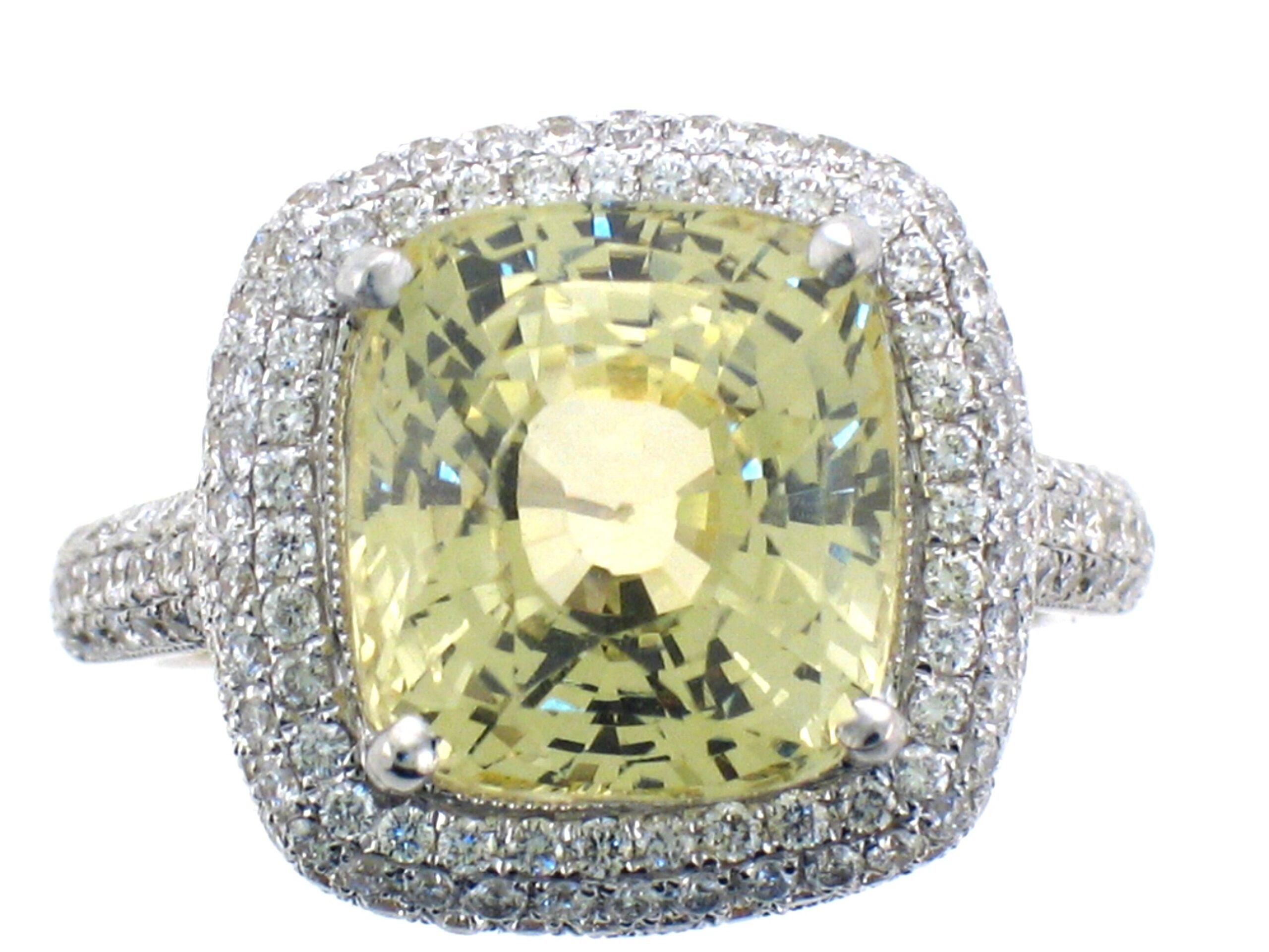Large Radiant Cushion Cut Natural Yellow Sapphire Ring with Double Diamond  Halo set in Ornate 14k white gold mounting (SSR-5550)